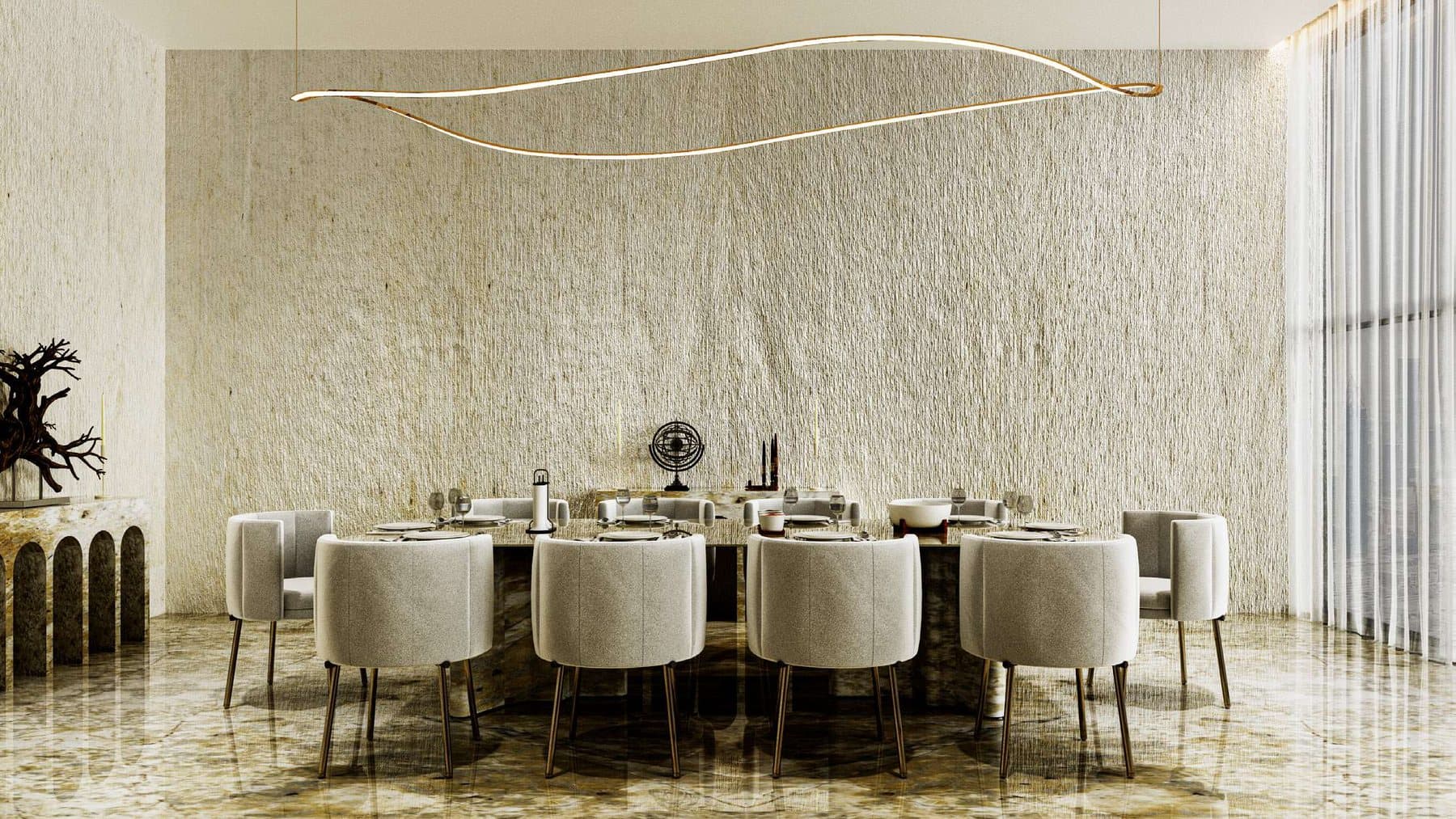 A dining room with a full-height textured natural stone feature wall