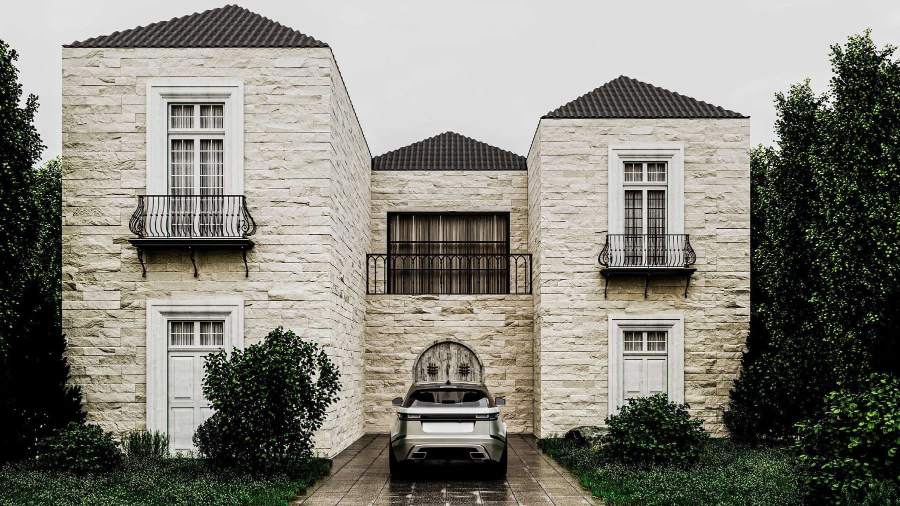 A villa elevation clad in natural stone